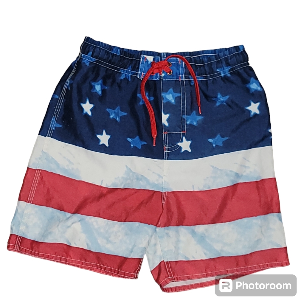 Old College Inn Boys Size 7 Swim Trunks Board Shorts Patriotic Vacation Beach